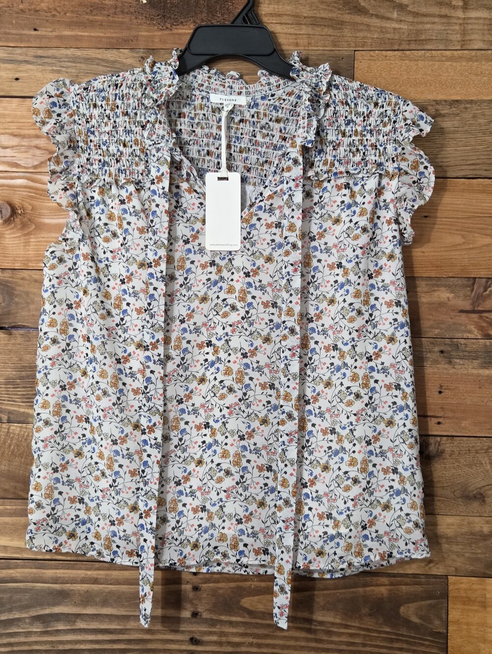 Pleione Floral Smocked Tie Neck Flutter Sleeve Boho Cottagecore  Lined Sz XS